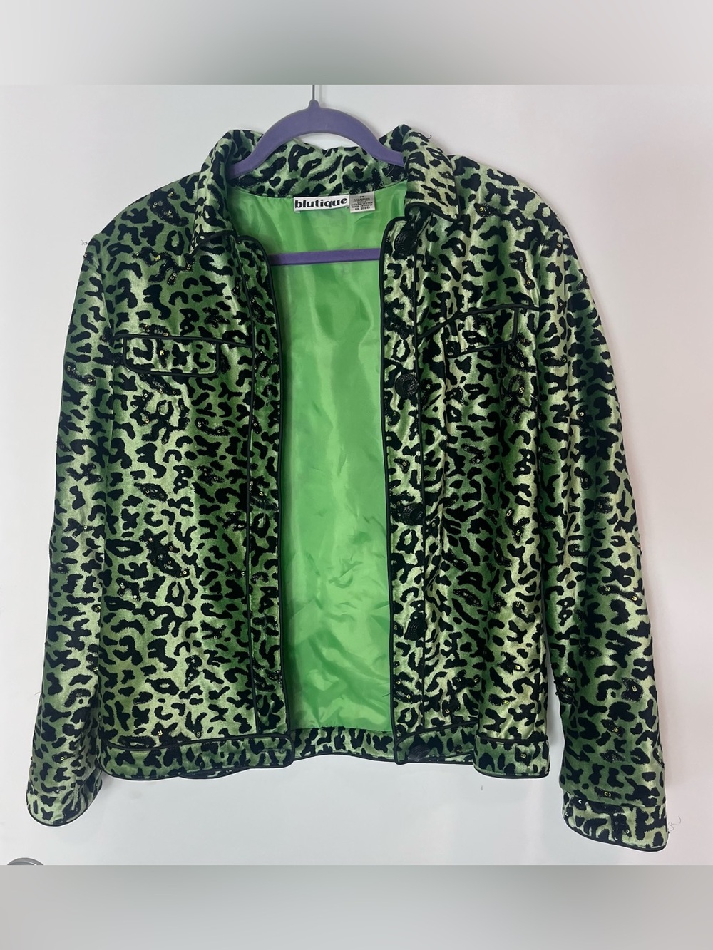 Y2K Green Leopard Sequin Jacket Scaly Button Medium VTG Art Teacher Rayon Cotton